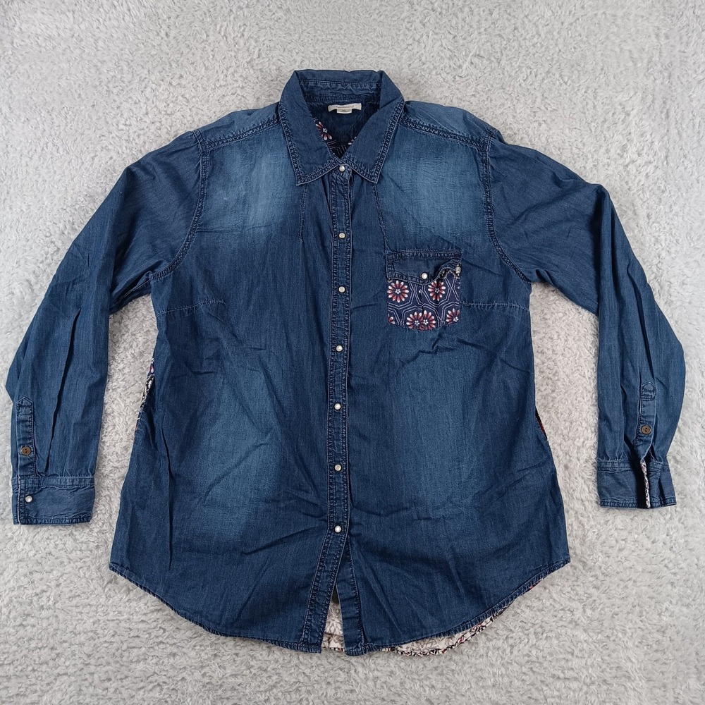Westbound Womens XL Denim Button Down Shirt Paisley Floral Mixed Media Back Blue